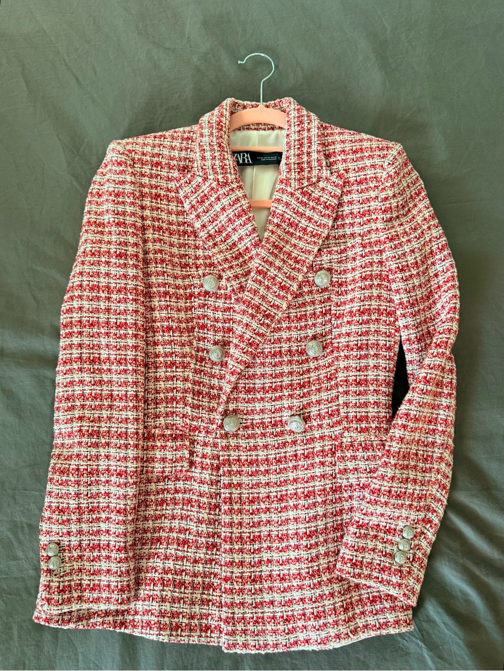 Zara Pink-Red Tweed Double-Breasted Blazer